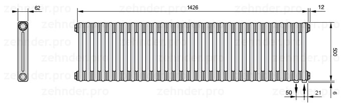 Схема (чертеж) Радиатор Zehnder Charleston 2050/31 №5510 Белый глянцевый RAL 9016